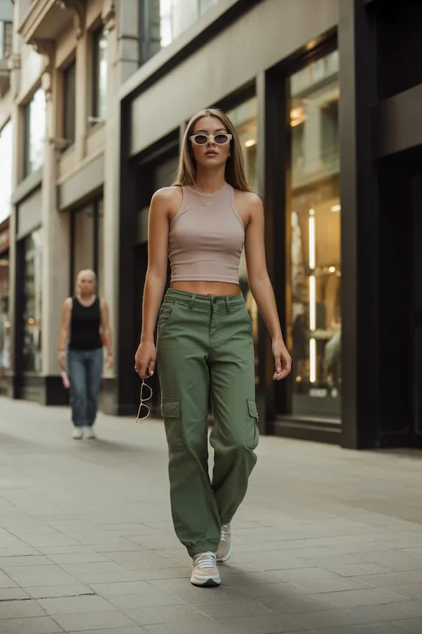 Beige Cropped Tank Top with Olive Green Cargo Trousers