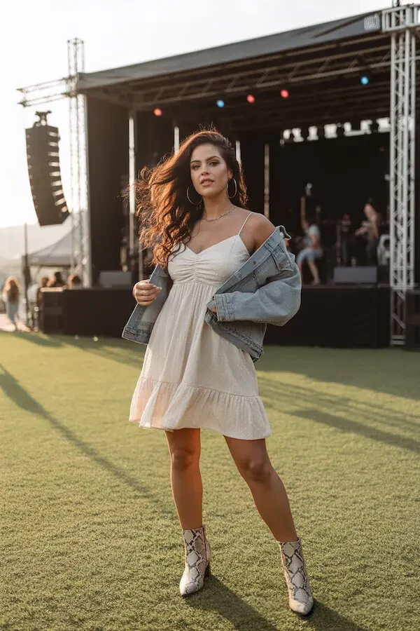 White Mini Dress with Denim Jacket and Snake Print Boots