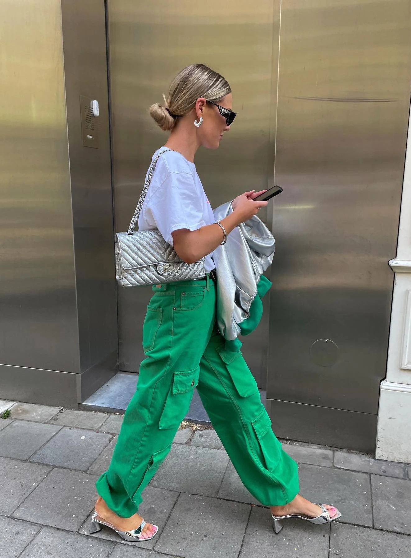 White Tee Green Cargo Trousers Silver Bag Outfit