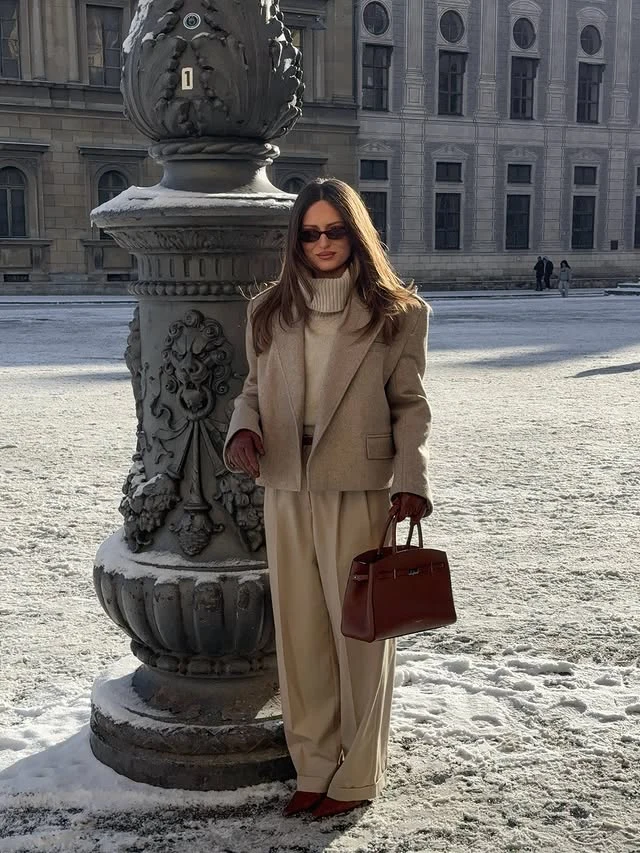 Beige Blazer Wide-Leg Trousers Burgundy Bag Outfit