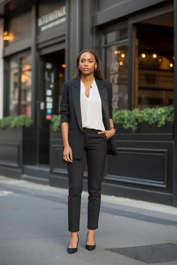 Black Blazer White Blouse Tailored Trousers Outfit