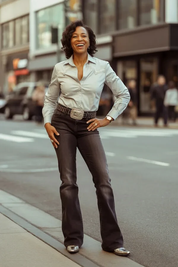 Sage Green Shirt Black Flare Jeans Statement Belt Outfit