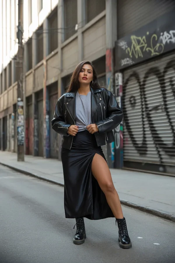 Black Leather Jacket Grey Tee Satin Midi Skirt Outfit