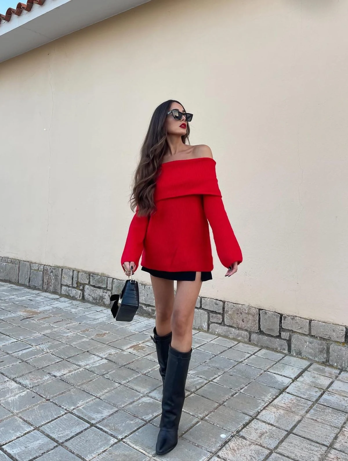 Red Off-Shoulder Top Outfit with Black Mini Skirt