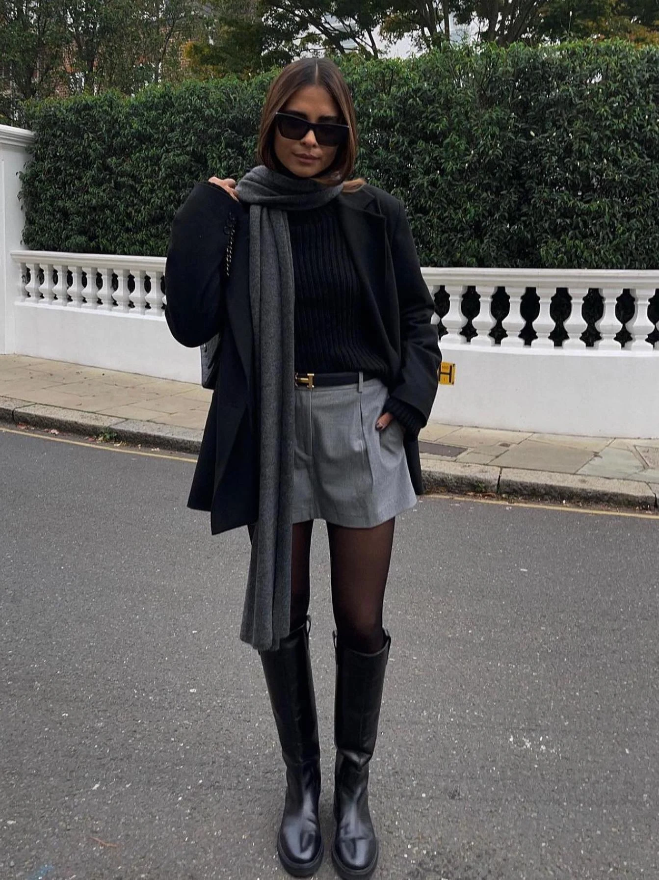 Navy Blazer Grey Mini Skirt Outfit with Knee High Boots