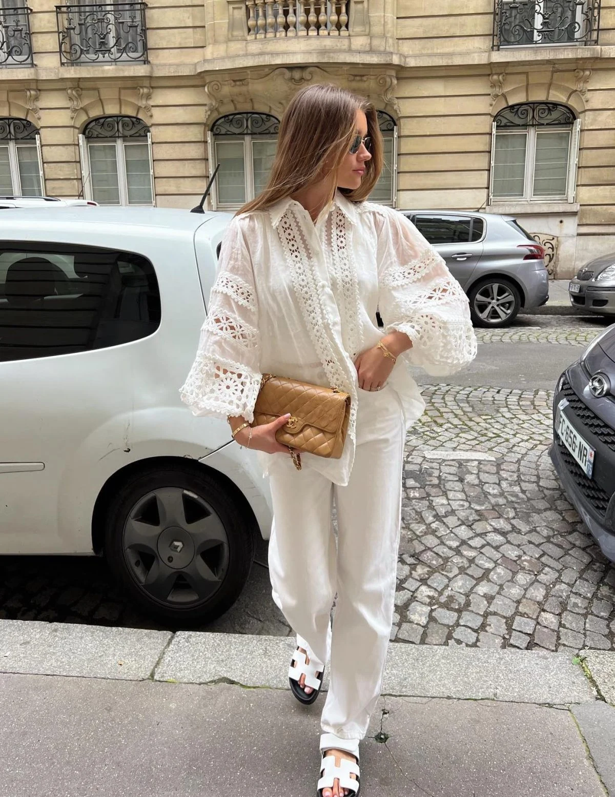 White Broderie Anglaise Blouse Outfit with Cream Trousers