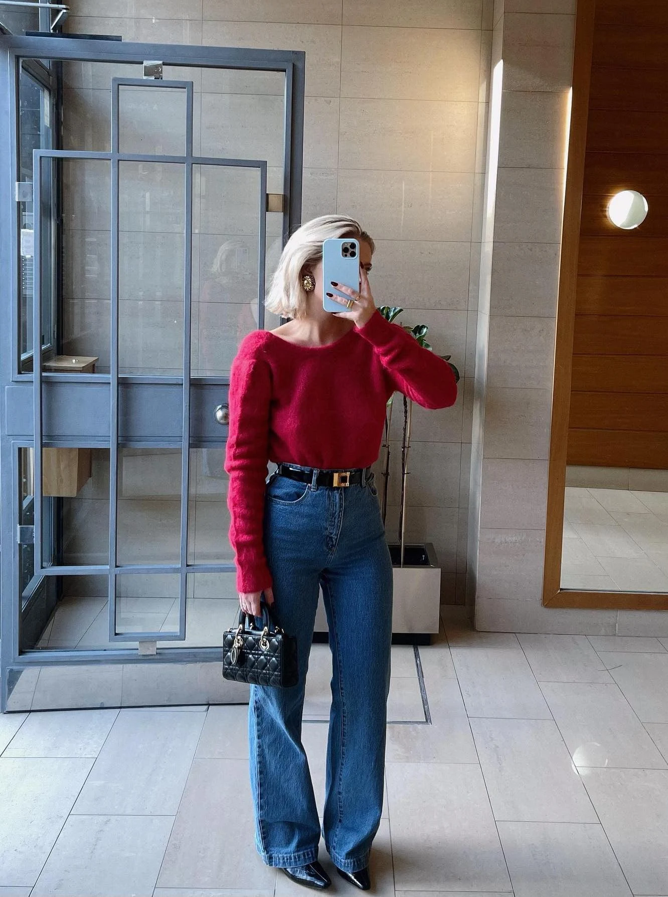 Raspberry Pink Sweater Outfit with Wide-Leg Jeans