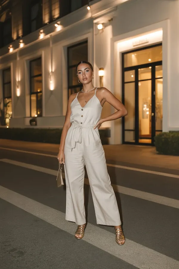 White Linen Wide Leg Trousers Outfit with Strappy Sandals