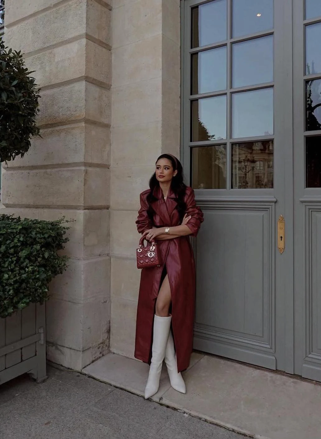 Burgundy Leather Trench Coat Outfit with White Boots
