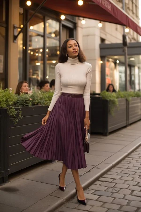 Cream Turtleneck Purple Pleated Midi Skirt Outfit