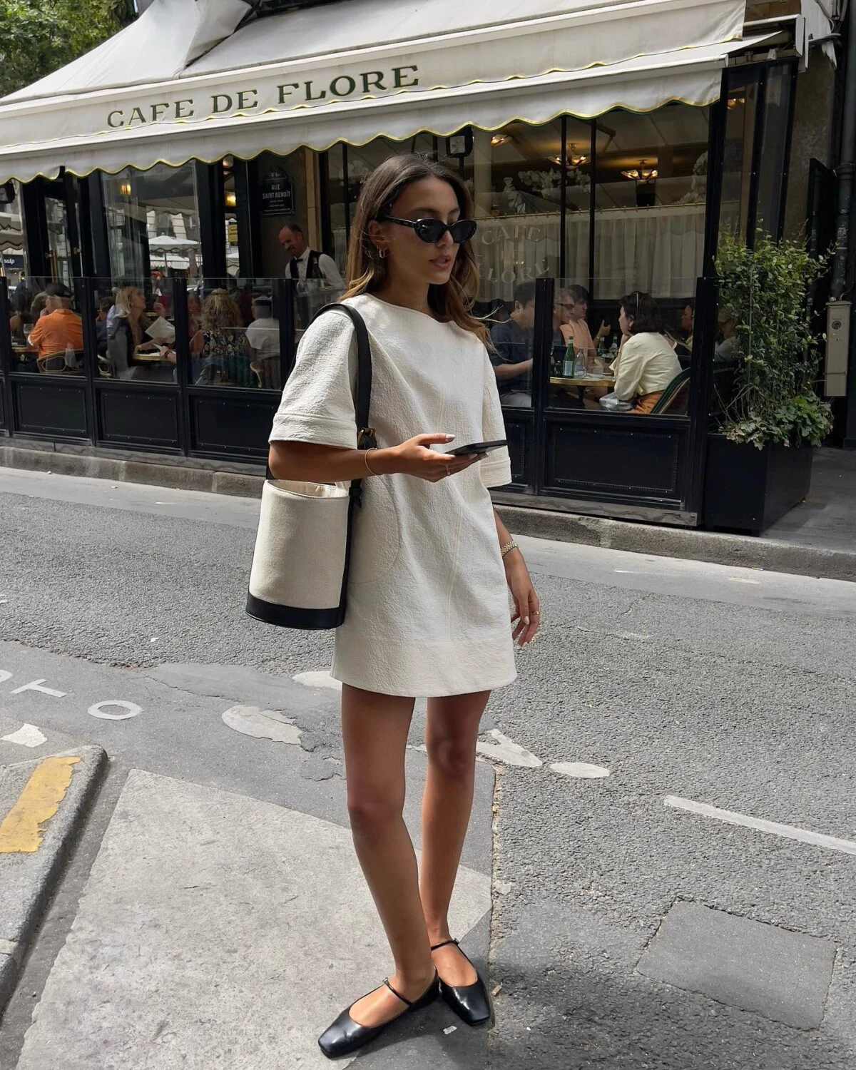 Cream Textured Mini Dress Outfit with Black Ballet Flats