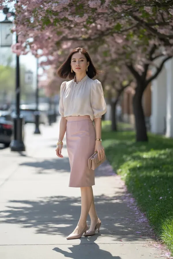Cream Puff Sleeve Blouse with Blush Pink Pencil Skirt Spring Outfit