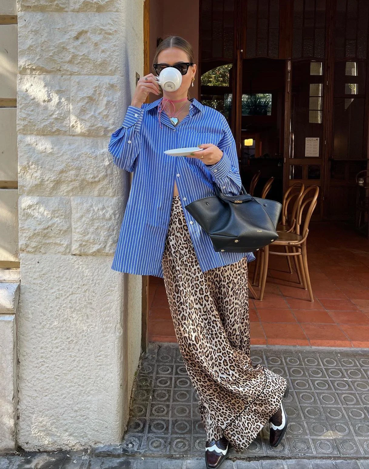 Blue Striped Shirt Leopard Trousers Outfit
