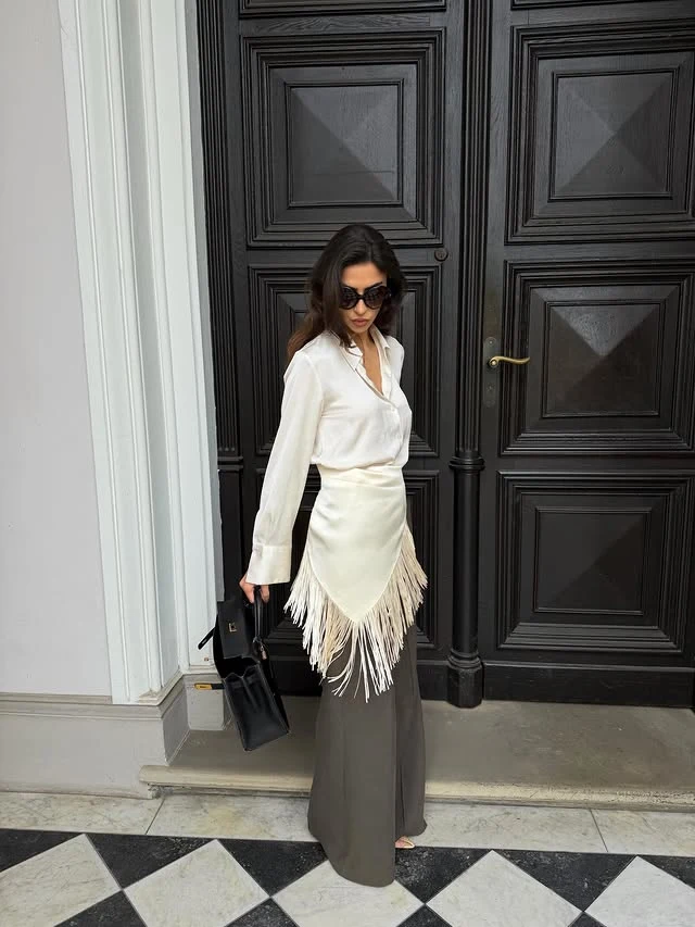 White Silk Shirt Cream Fringe Skirt Wide Leg Trousers
