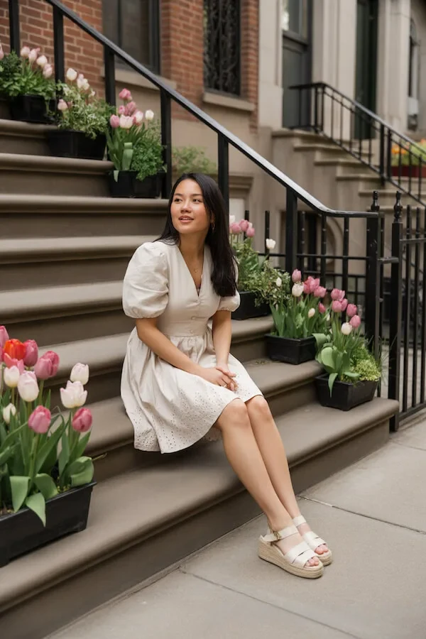 Cream Linen Puff Sleeve Mini Dress with Eyelet Embroidery