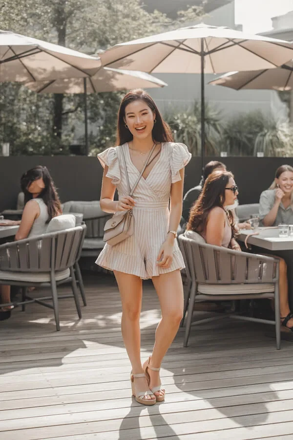 Striped Linen Wrap Romper Outfit with Puff Sleeves