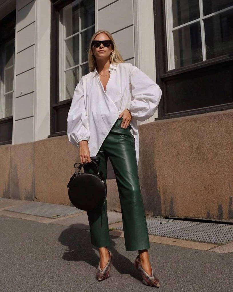 White Oversized Shirt Green Leather Trousers Outfit