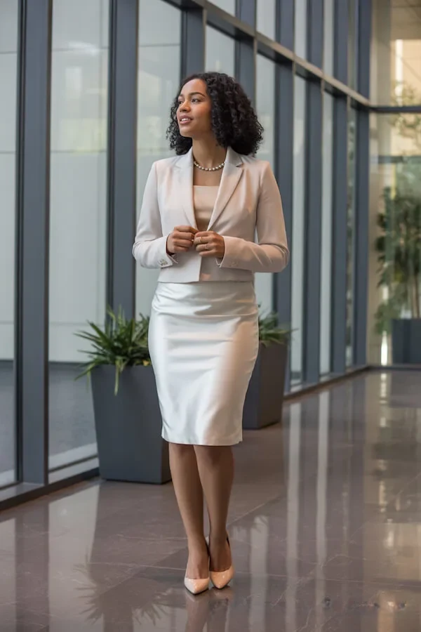 Cropped Champagne Satin Blazer with Matching Pencil Skirt