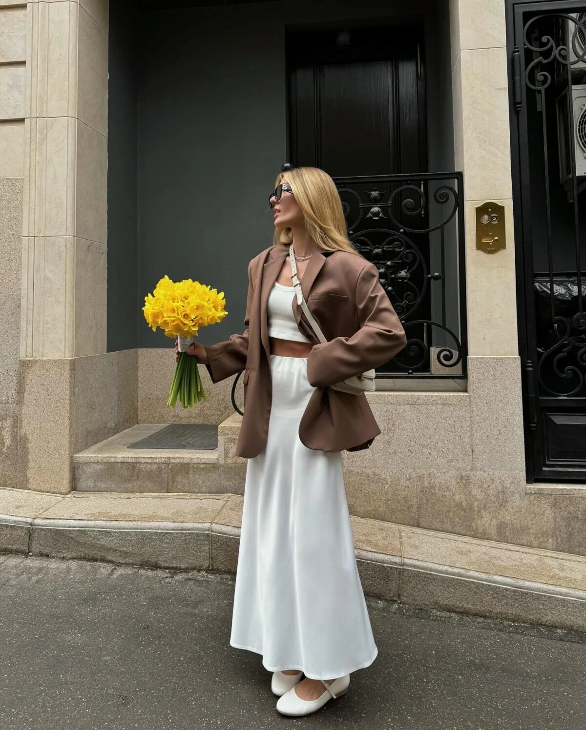 Chocolate Brown Blazer White Maxi Skirt Outfit