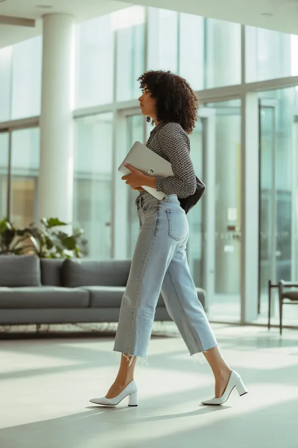 Black and White Tweed Blazer with Light Wash Cropped Jeans and White Block Heels
