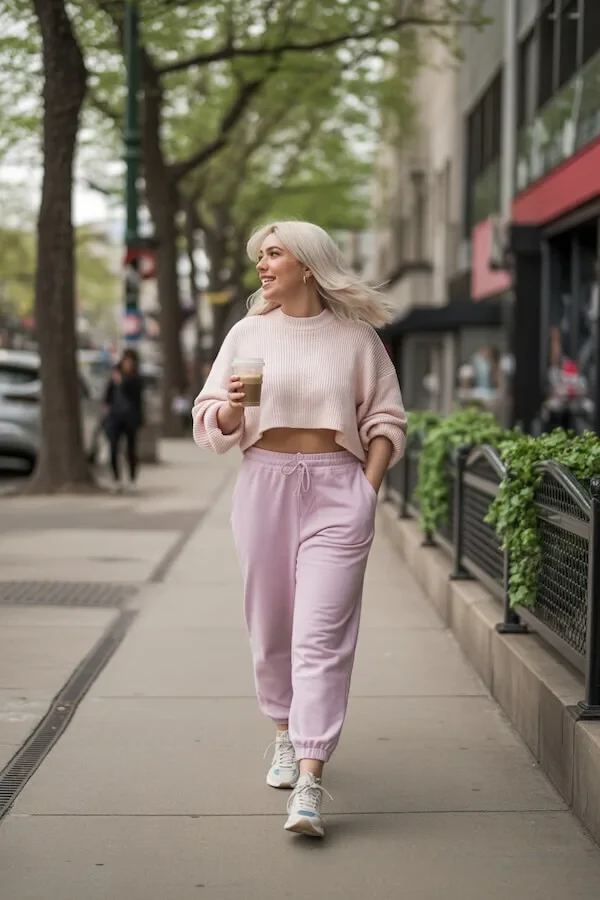 Pink Cropped Sweater and Jogger Co-Ord with White Sneakers