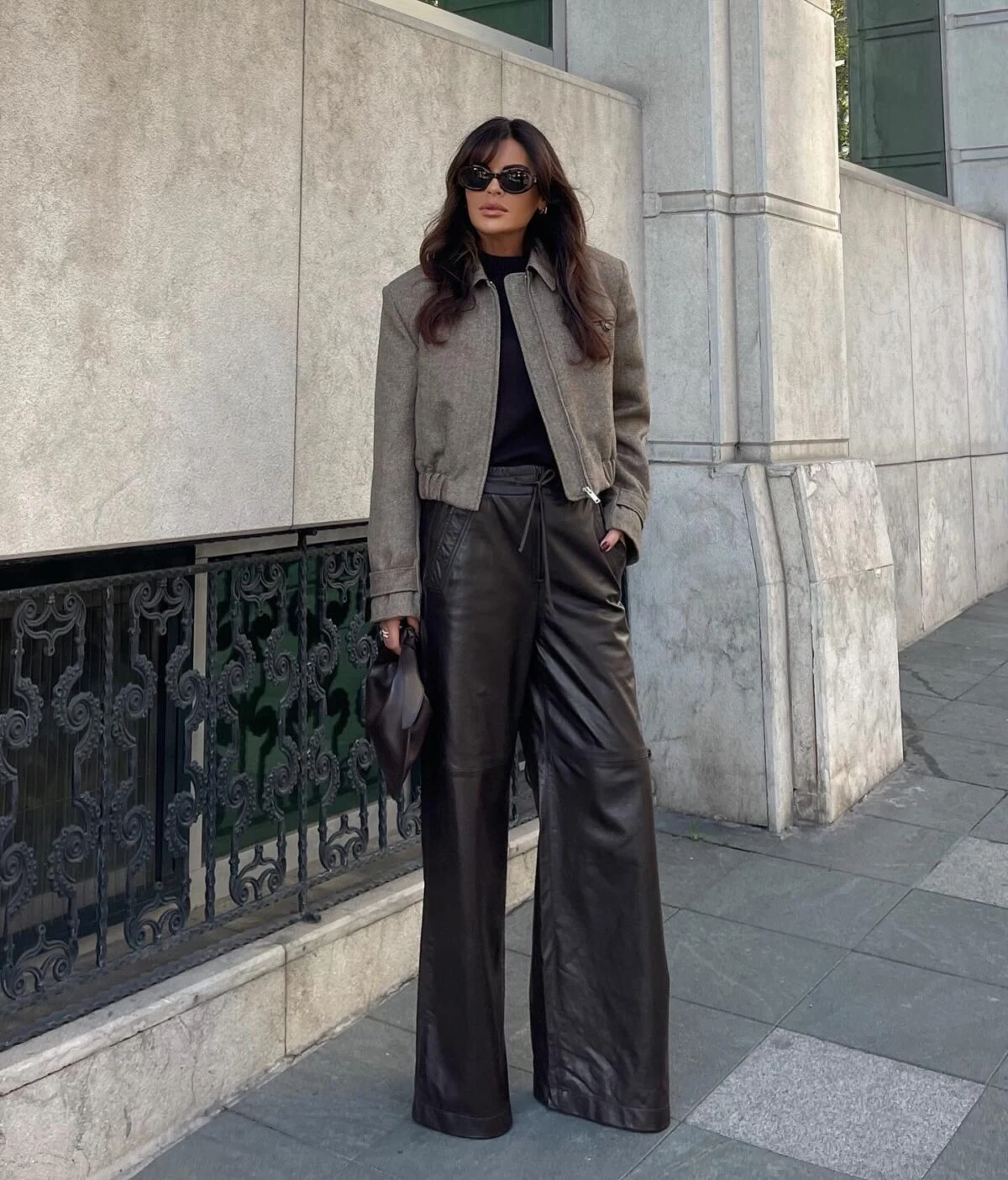 Taupe Bomber Jacket Black Leather Wide-Leg Trousers Outfit
