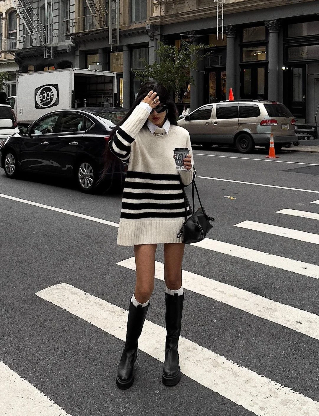 Striped Knit Dress Outfit with Knee-High Boots