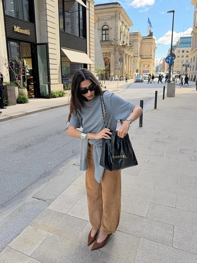 Grey Knit and Camel Wide-Leg Trousers Outfit