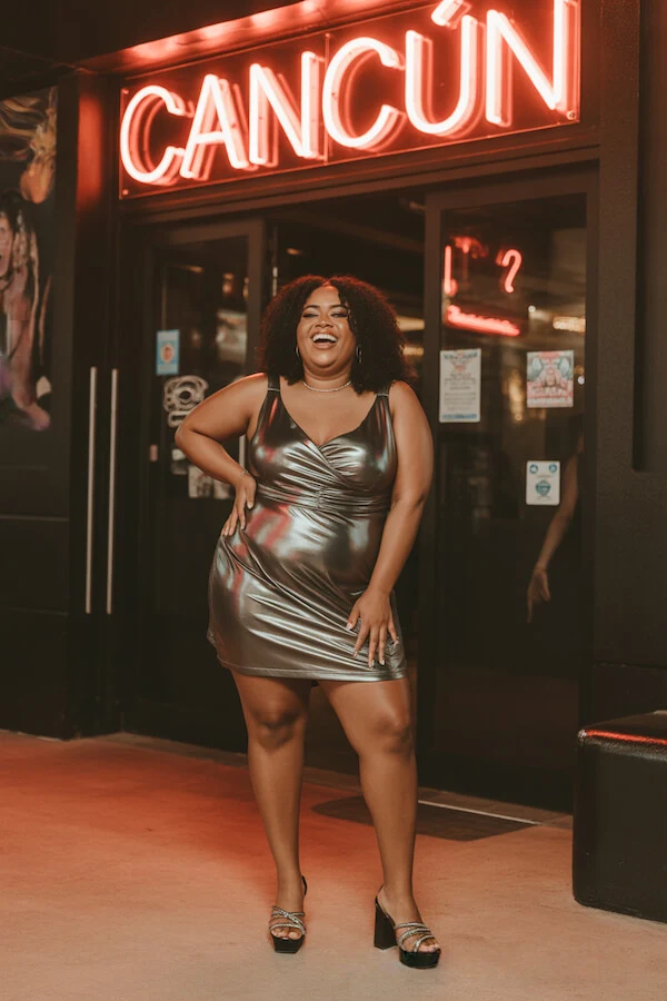 Silver Metallic Ruched Mini Dress Night Out Outfit