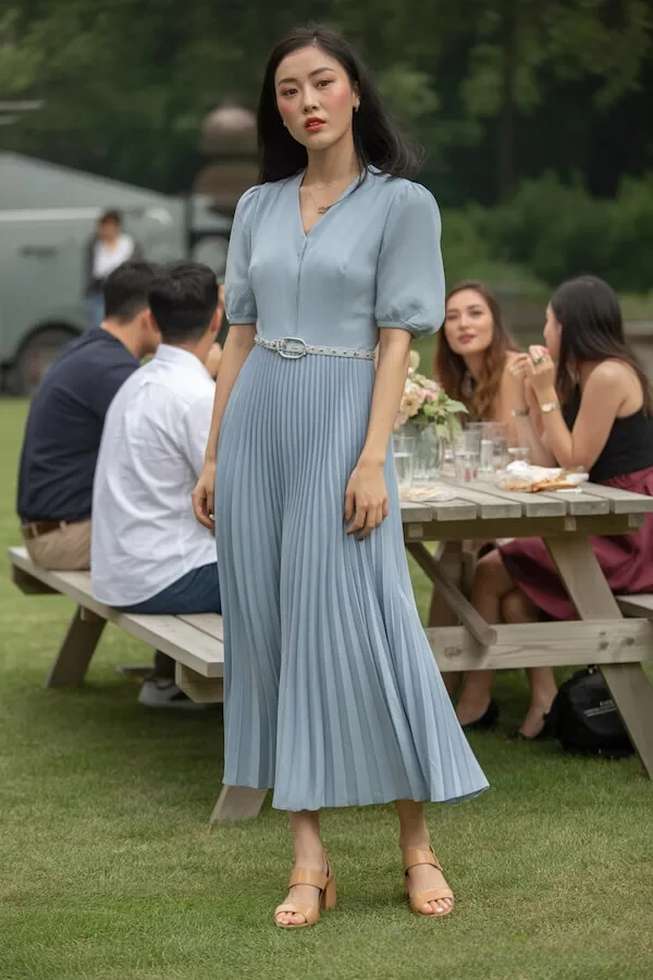 Powder Blue Puff Sleeve Blouse with Pleated Midi Skirt