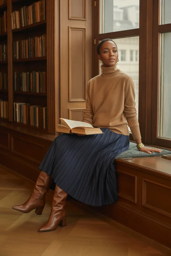 Camel Turtleneck Sweater Navy Pleated Midi Skirt Brown Boots Outfit