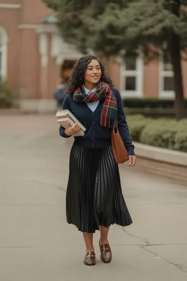 Navy Cardigan Black Pleated Midi Skirt with Plaid Scarf Outfit