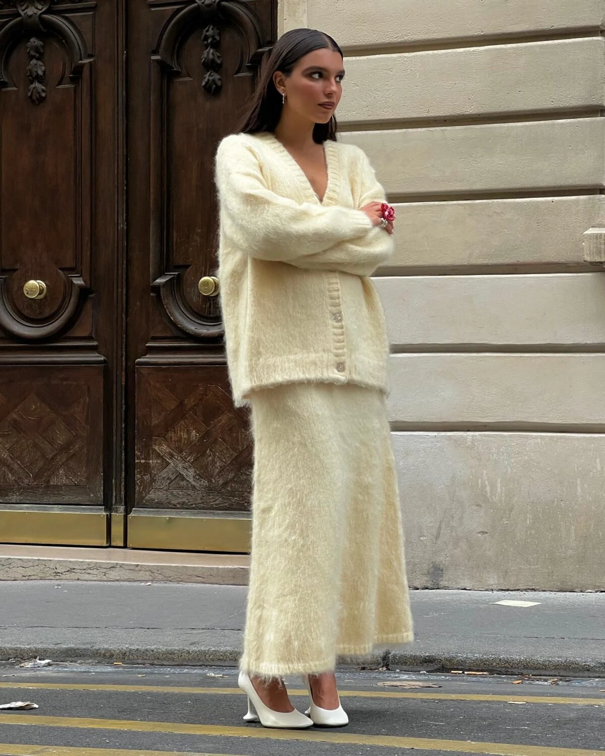 Cream Fuzzy Knit Co-ord Outfit with Maxi Skirt