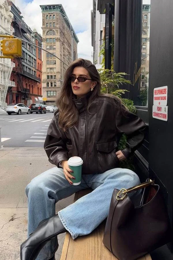 Brown Leather Bomber Jacket Outfit with Wide-Leg Jeans
