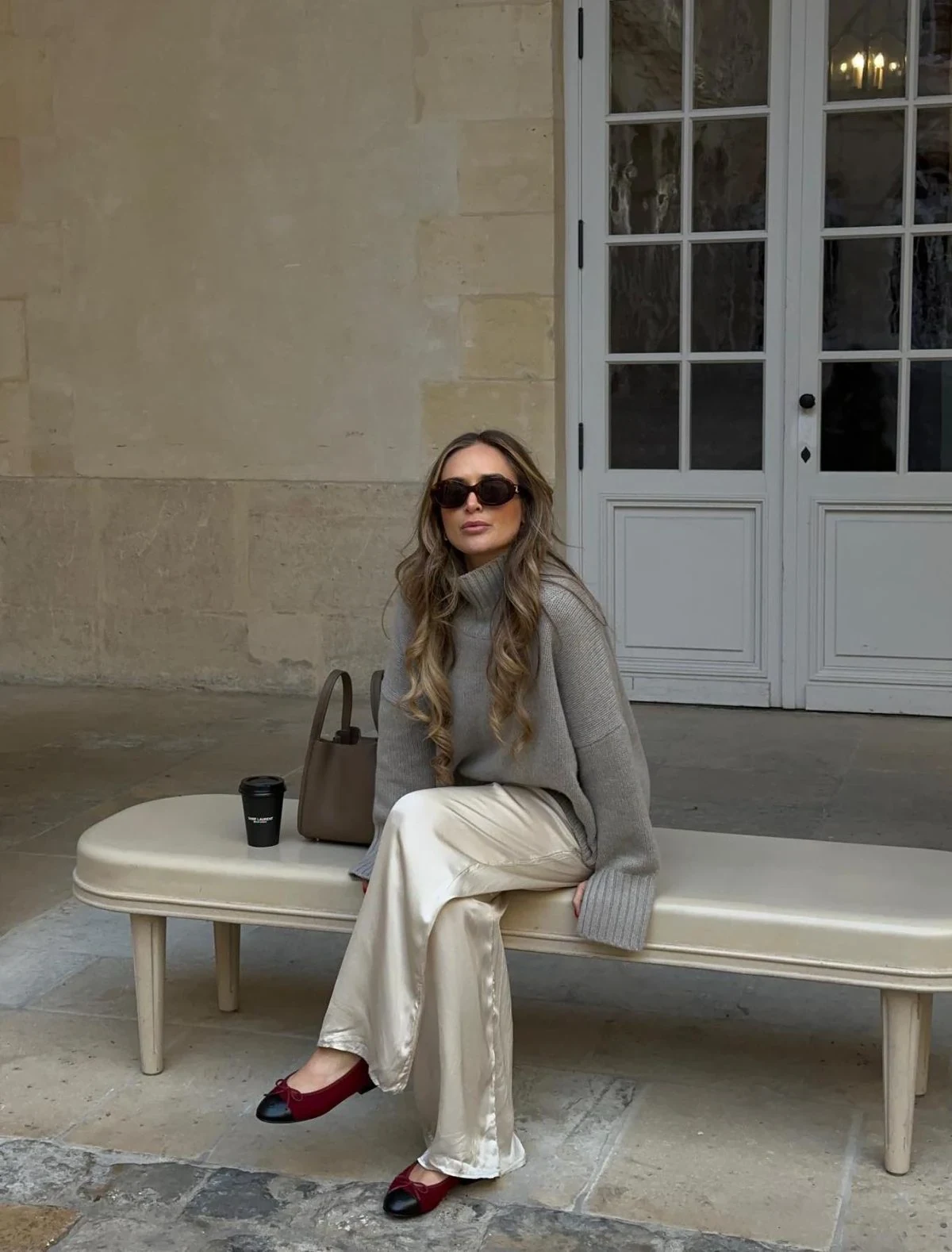 Grey Turtleneck Champagne Silk Trousers Outfit