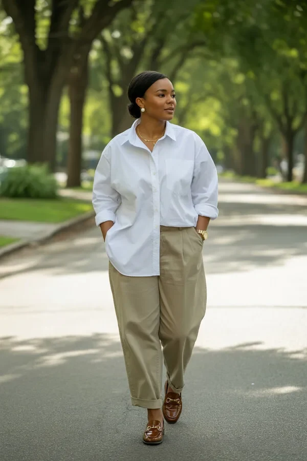 Oversized White Shirt Beige Wide-Leg Trousers Brown Loafers Outfit