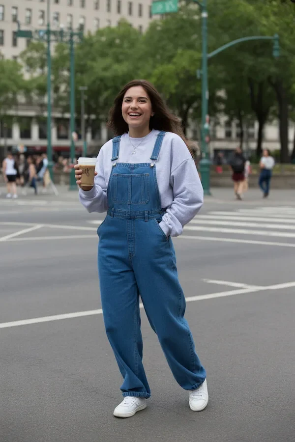 Denim Overalls White Sweatshirt City Casual Outfit