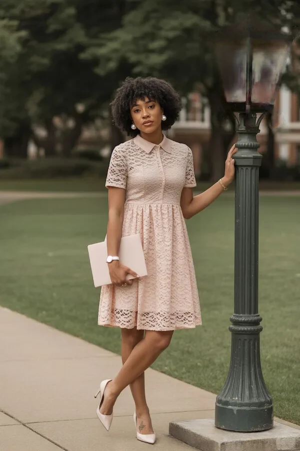 Blush Pink Lace Shirt Dress with Collar and Pleated Skirt