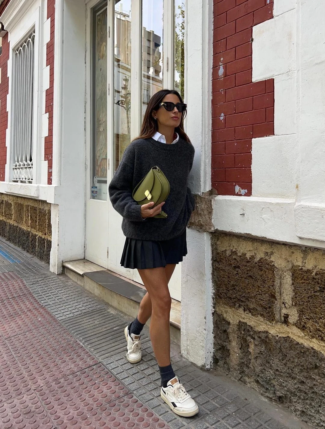 Charcoal Knit Sweater Pleated Mini Skirt Outfit