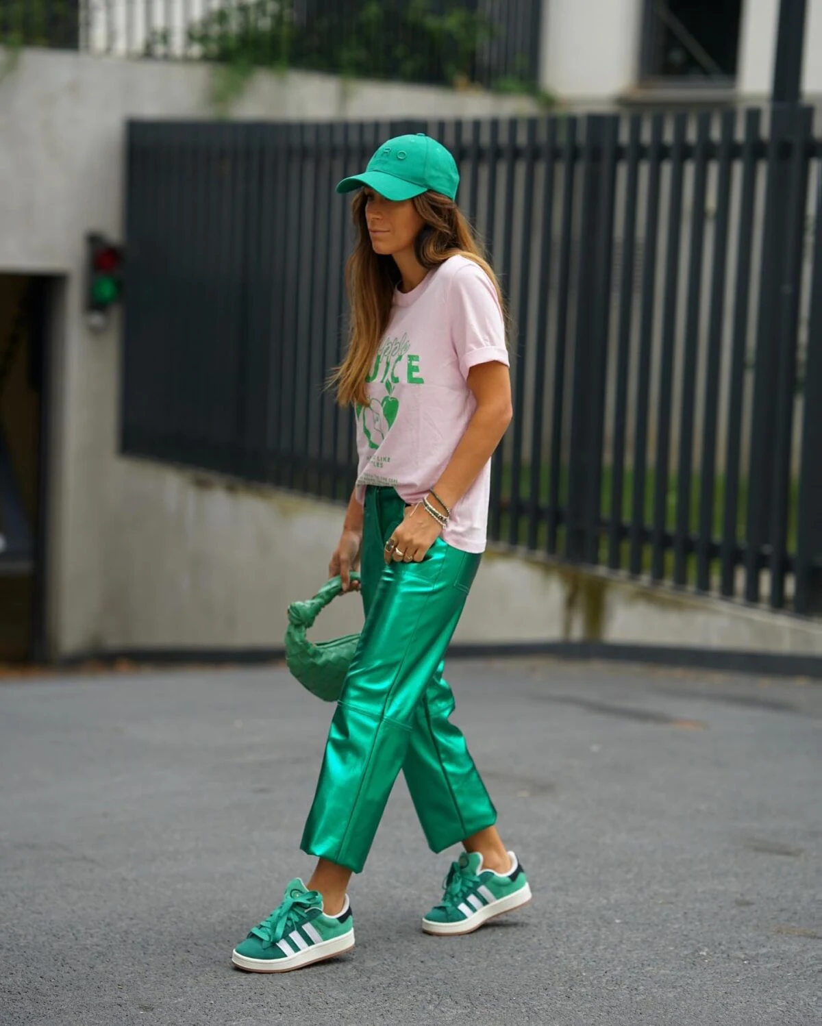 Pink Tee Green Satin Trousers Sneaker Outfit