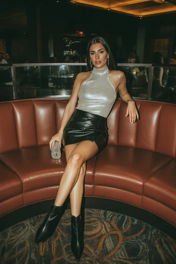 Silver Halter Top Black Leather Mini Skirt Night Out Outfit