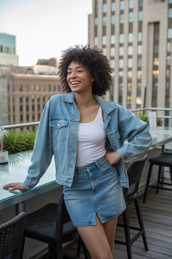 Oversized Denim Jacket White Tank Denim Mini Skirt Outfit