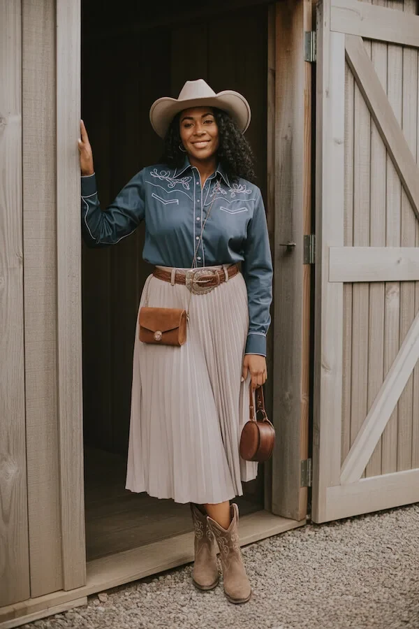 Teal Western Shirt Pleated Midi Skirt Outfit with Cowboy Boots