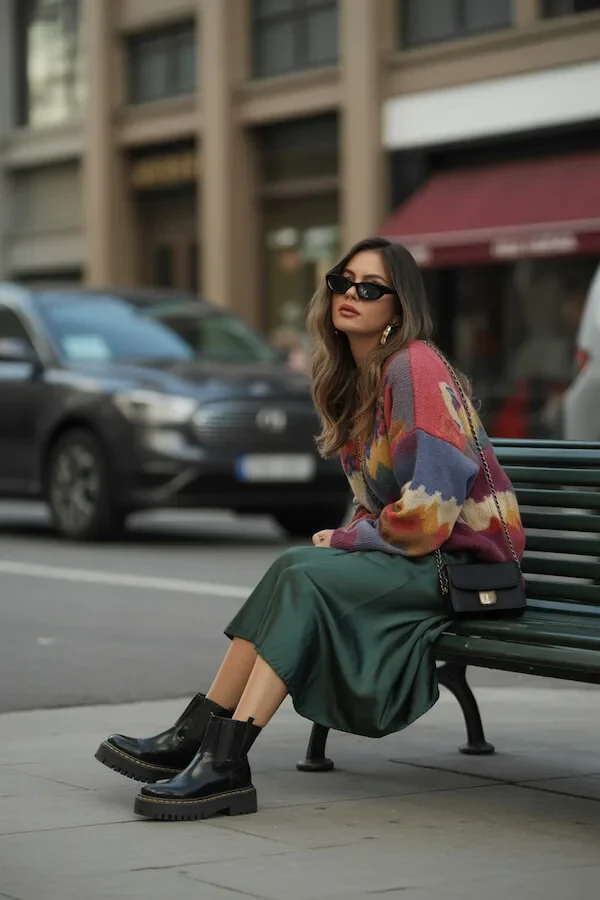 Multicolor Abstract Knit Sweater with Forest Green Wide-Leg Trousers