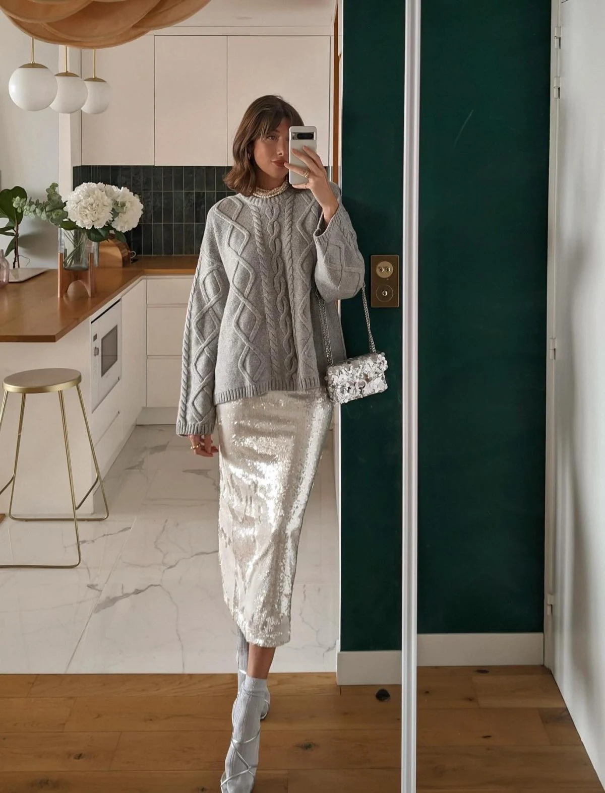 Grey Cable Knit Sweater Silver Sequin Skirt Outfit
