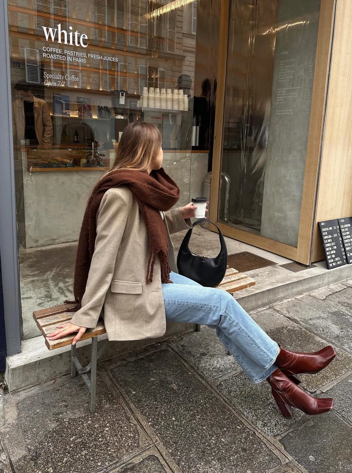 Beige Blazer Outfit with Chocolate Scarf and Light Jeans