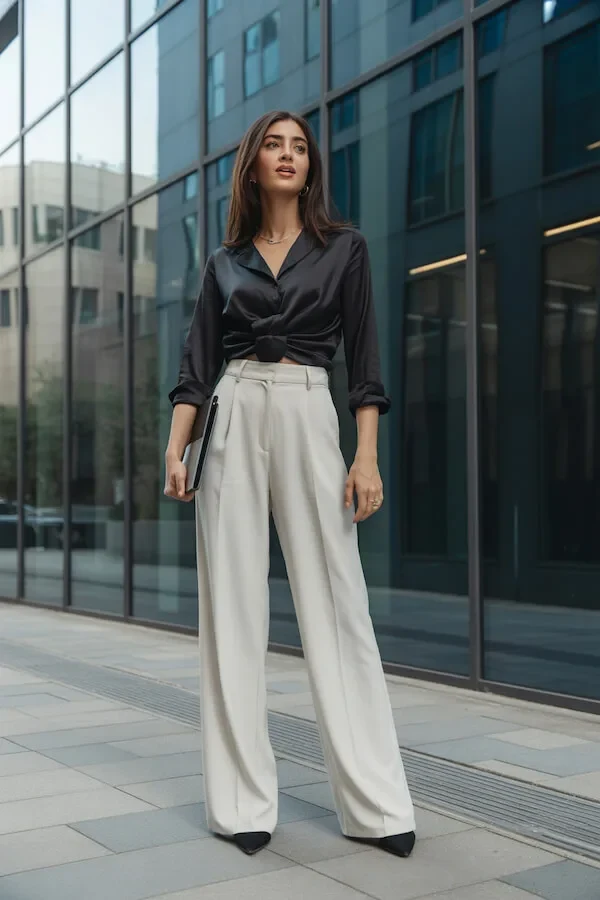 Black Silk Shirt Cream Wide-Leg Trousers Office Outfit