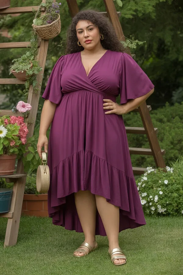 Purple Wrap Midi Dress with Flutter Sleeves and Tiered Hem