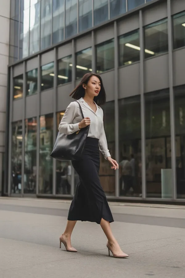 White Collared Blouse Black Midi Skirt Office Outfit with Nude Heels