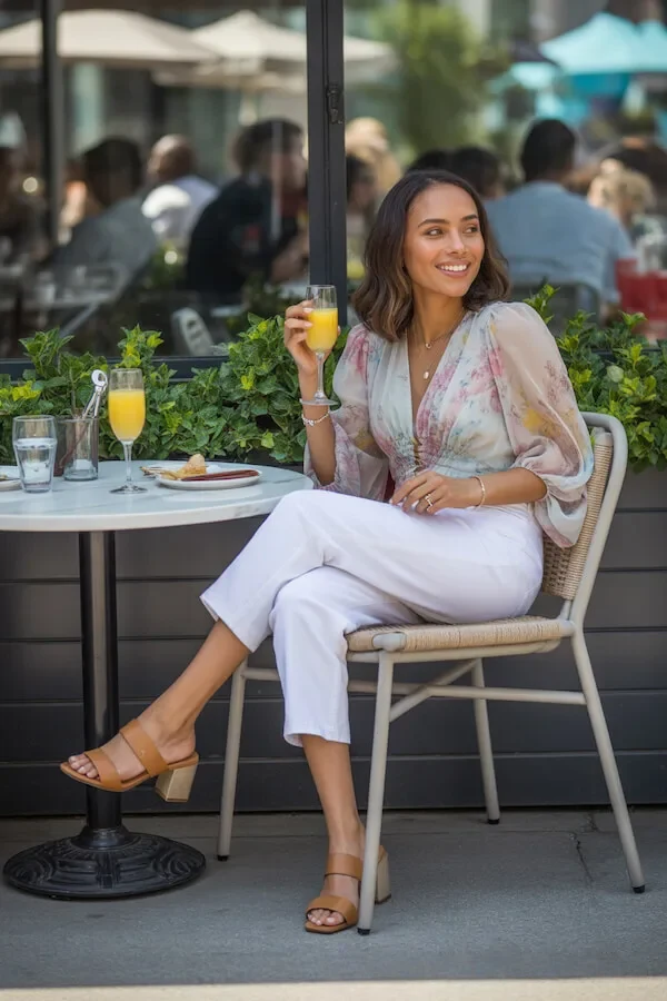 Pastel Floral Wrap Blouse with White Wide-Leg Trousers Outfit